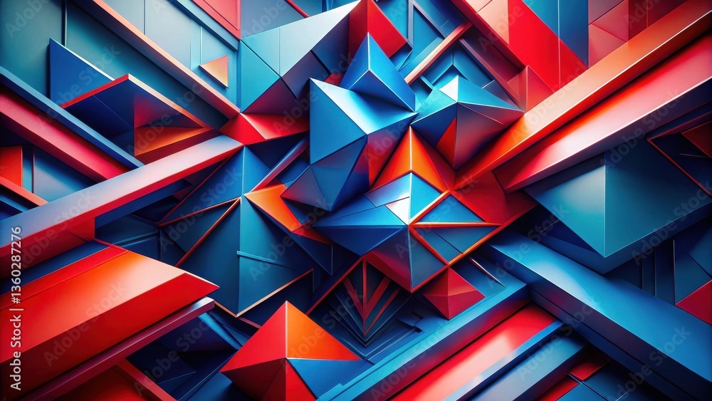 Poster Abstract Red and Blue Geometric Shapes Intertwined in a Complex Three-Dimensional Composition