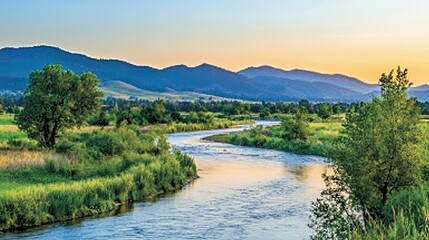 Obraz premium A picturesque river flowing through a peaceful valley, framed by rolling green hills and majestic mountains at dusk.