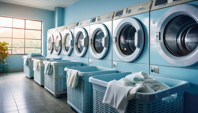 Perspectiva de una lavanderia en color azul con cestos de ropa sucia 