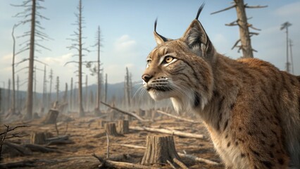 Obraz premium Species Crisis Mitigation. A lynx stands in a desolate forest, surrounded by bare trees, illustrating the impact of deforestation on wildlife habitats.