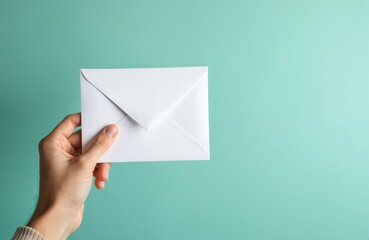 Male hand holds white envelope against turquoise background. Contact concept. Email, newsletter, postal service, message delivery. Communication, information sharing, data transfer, correspondence.