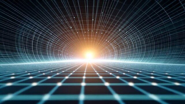 Futuristic digital landscape with glowing gridlines and radiant sunrise on the horizon