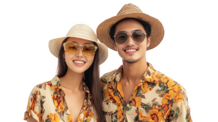 Couple in Floral Summer Hats and Sunglasses