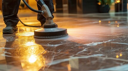 A professional cleaner operating a high-speed polisher, creating a flawless shine on a luxurious marble floor.