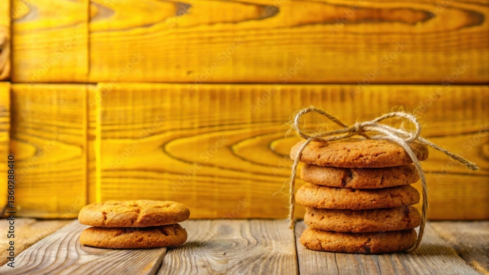Poster A stack of golden brown cookies tied with twine sits on a rustic wooden surface, alongside a smaller stack of two.