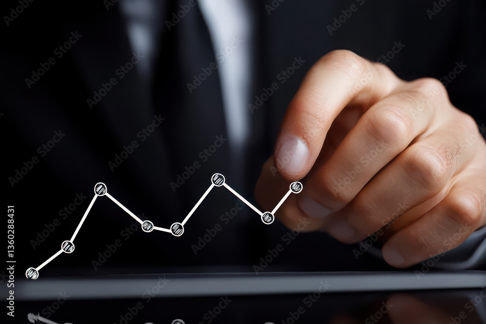 Poster businessman analyzing financial data and market trends using a digital display with a rising graph