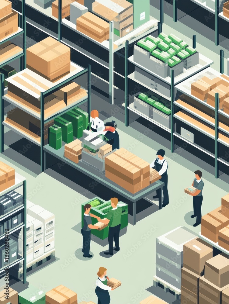 Fototapete isometric warehouse setting with workers packing grocery orders and organized boxes for delivery gen