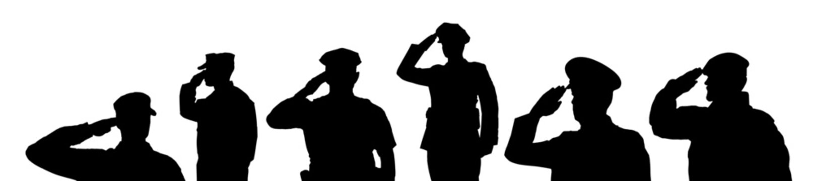 Police officers and soldiers saluting in uniform silhouette