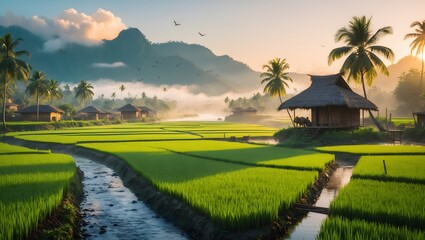 Naklejka premium Sunrise Rice Paddies & Village