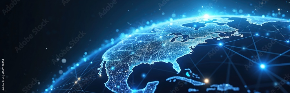 Poster futuristic digital globe with network connections, global communication tech. aerial view of earth, 