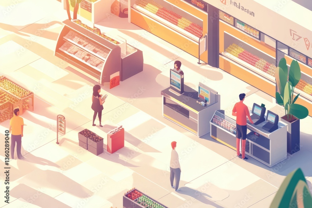 Aufkleber Bright and modern isometric supermarket with customers shopping and couriers picking up groceries during the day Generative AI