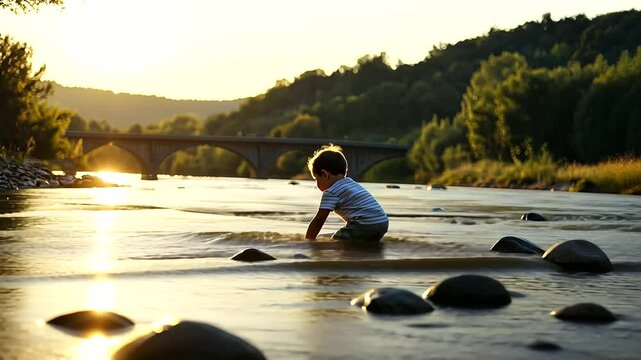 A child skipping stones across a shimmering river