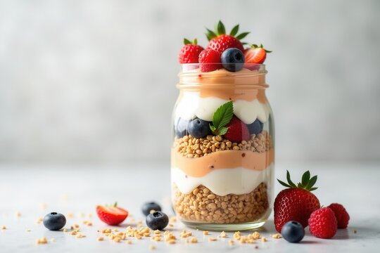 Layered yogurt parfait with fresh berries granola