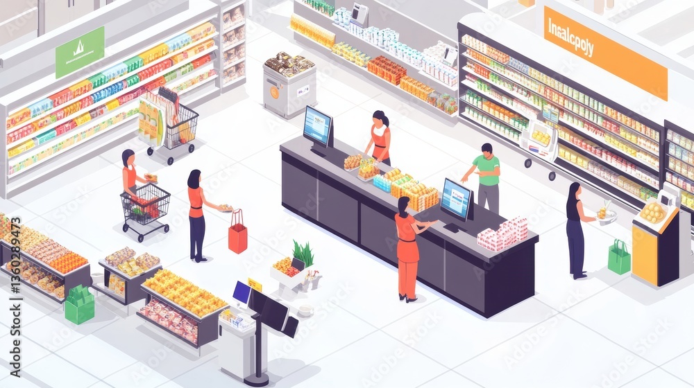 Aufkleber Bright and modern isometric supermarket with customers shopping and self-checkout counters bustling with activity Generative AI