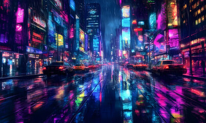 Vibrant cityscape at night with neon lights reflecting on wet streets, showcasing urban life