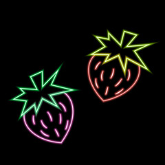 Two strawberries with leaf in neon effect