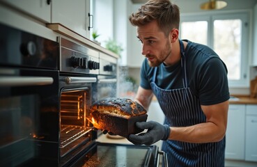 Shocked baker pulls burnt bread out of oven. Culinary disaster in kitchen. Man wearing apron and gloves. Burnt loaf with fire, smoke. Cooking fail concept, bad smell.