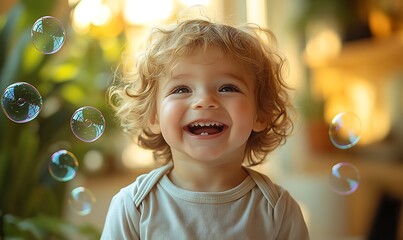 Happy Child Playing With Bubbles, Close Up Portrait
