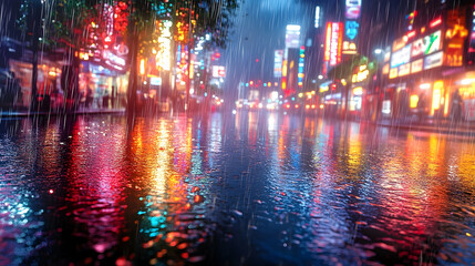 Obraz premium Vibrant cityscape at night with rain-soaked streets reflecting colorful neon lights and bustling activity