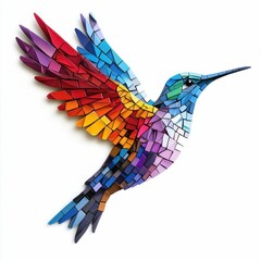 Obraz premium A colorful mosaic hummingbird flies against a white backdrop, showcasing geometric, vibrant design.