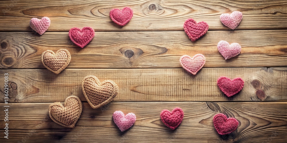 Poster a rustic wooden backdrop adorned with a charming arrangement of handcrafted knitted hearts in variou