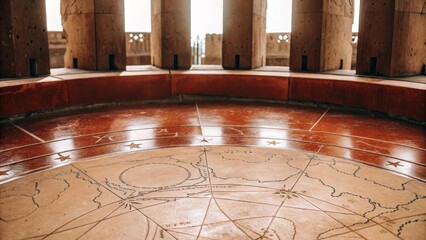 A historical building featuring a detailed world map on a wooden floor. This image encapsulates a sense of history and discovery.