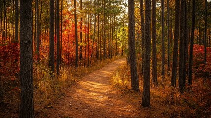 Fototapeta premium A scenic woodland path winding through a glowing autumn forest, surrounded by warm hues of red, gold, and amber.