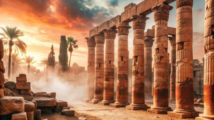 Ancient columns stand majestically against a dramatic sunset. The remnants of an ancient civilization evoke a sense of history and grandeur.