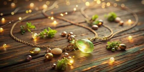 Naklejka premium Glowing Necklace on Wood: Overhead Shot of Feminine Jewelry with Earthy Tones