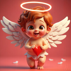 Cute angelic baby holding a heart in 3D illustration against pink background  