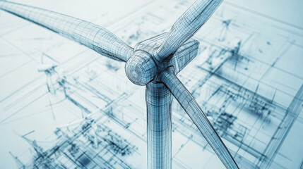 A detailed architectural blueprint of a wind turbine, presented as a 3D rendering