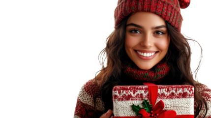 Smiling Woman Holding Christmas Gift