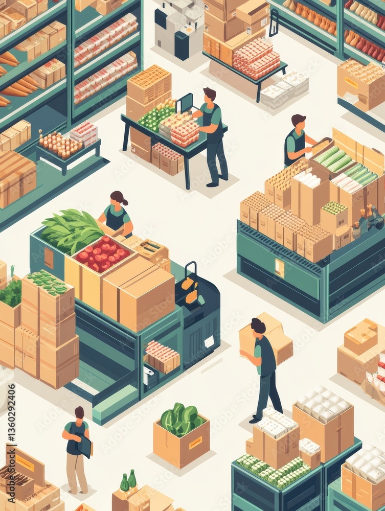 Aufkleber Busy warehouse with workers packing grocery orders in a modern isometric design featuring neatly stacked boxes Generative AI