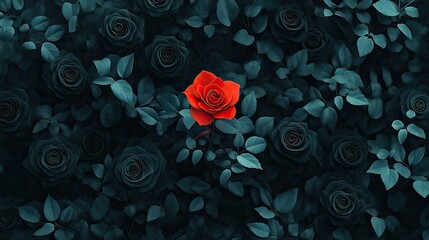 A single vibrant red rose amidst black roses, gently illuminated to highlight its beauty and uniqueness, creating a powerful and dramatic contrast.