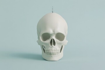 A studio shot of a single, simple, white human skull.  It's a 3D model, and slightly elevated.  A small metal screw-like object hangs from the top