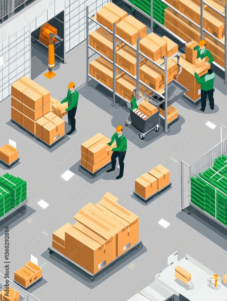 Poster Efficient warehouse operations with workers packing orders and stacked grocery boxes in a modern isometric setting Generative AI