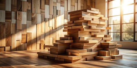 Sunlit Wooden Blocks Stacked in a Modern Room