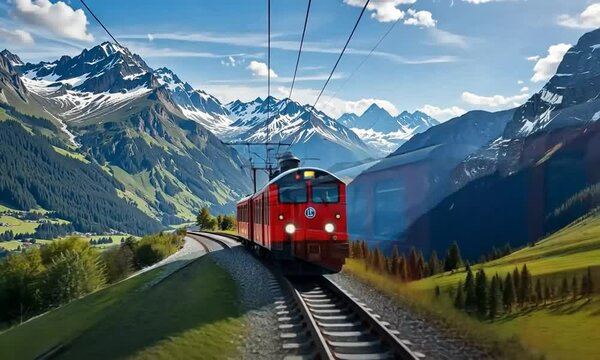 Swiss Alpine Railway, Train Running In The Alps, Beautiful Mountains With Train, Swiss Tourism Concept And Swiss Transport Infrastructure. 4k video