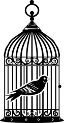 Elegant Black and White Birdcage with Flying Bird – Silhouette Vector Illustration