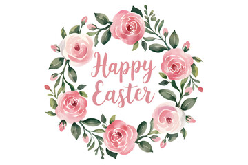 Watercolor &ldquo;Happy Easter&rdquo; Wreath with Pink Roses and Green Leaves on White Background &ndash; Elegant and Fresh Spring Holiday Design
