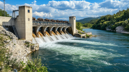 A hydroelectric power station situated on a northern river, featuring an engine room and a spillway dam