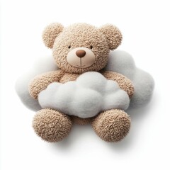 Fototapeta premium A cuddly teddy bear gently embraces a soft, fluffy cloud on a pure white background, evoking feelings of comfort.