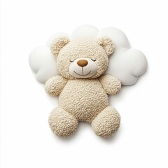 A fluffy teddy bear peacefully sleeps upon a cloud-shaped pillow against a white backdrop.