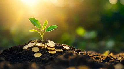Gold Coins Growing with Plants in Soil