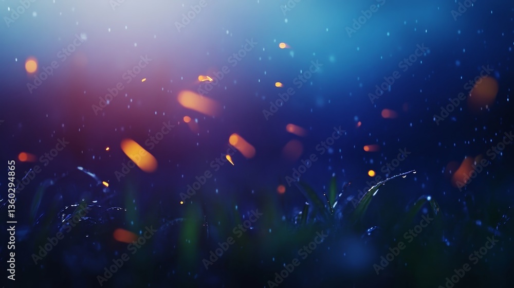 Aufkleber tiny fireflies flicker above wet blades of grass, creating a magical atmosphere in the cool blue lig