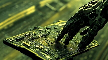 A close up view of a green electronic circuit board  long title A detailed view of the inner workings of a high tech computer circuit