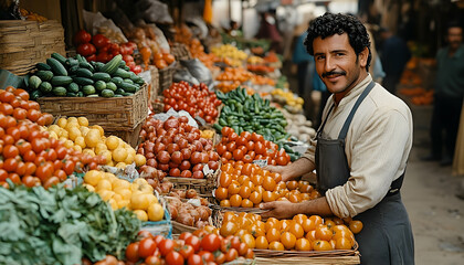 Vibrant Market Scene Featuring Fresh Produce and Smiling Vendor