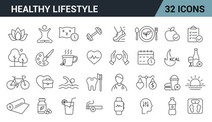 Healthy Lifestyle Line Editable Icons Set. Includes Exercise, Meditation, Sleep, Healthy Eating, Hydration, Wellness, Fitness And More. Vector illustration.