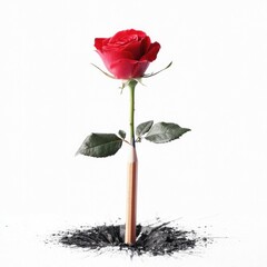 A vibrant red rose appears to grow from a pencil stuck in graphite, symbolizing artistic growth.