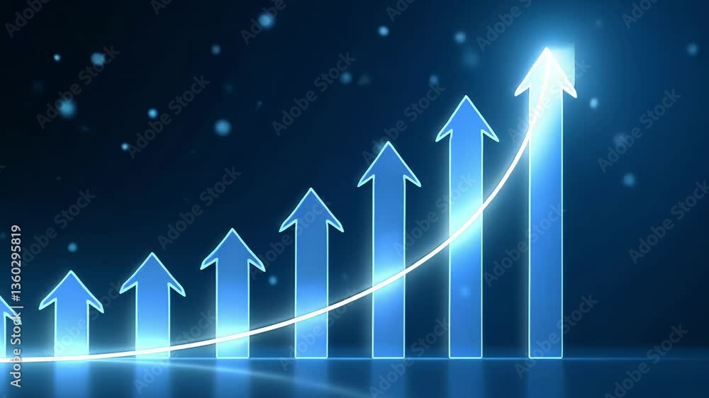 Poster digital representation of growth and success with blue arrow graph on a dark background for business